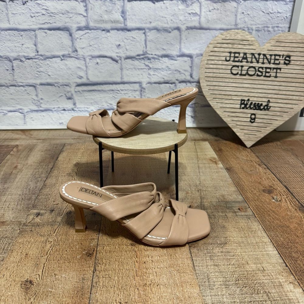 Deltan nude leather slip on sandals heels